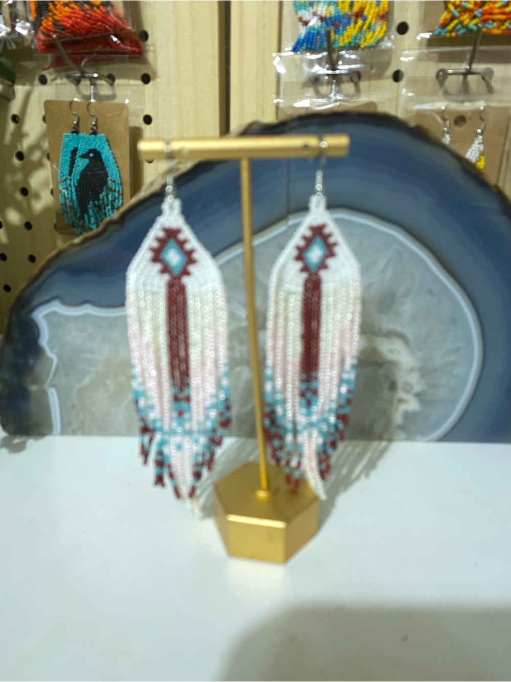 Boho Fringe Beaded Earrings in White, Turquoise & Burgundy